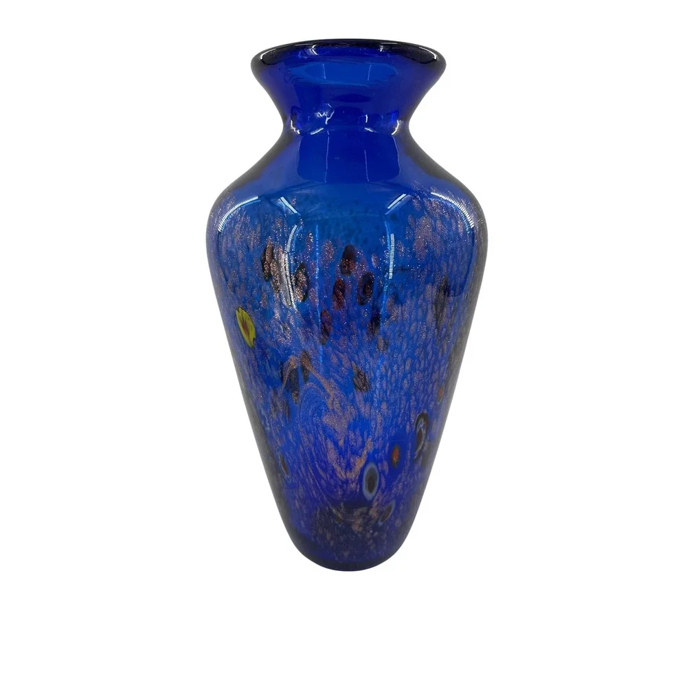 Blown Glass Art Glass Vase Cobalt‎ Blue Millefiori Copper Aventurine 10 Inch